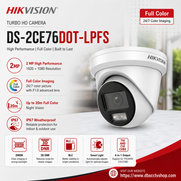 Hikvision DS-2CE76D0T-LPFS 2MP Smart Hybrid Light Audio Turret CCTV Camera | Built-in Mic | Full HD 1080P
