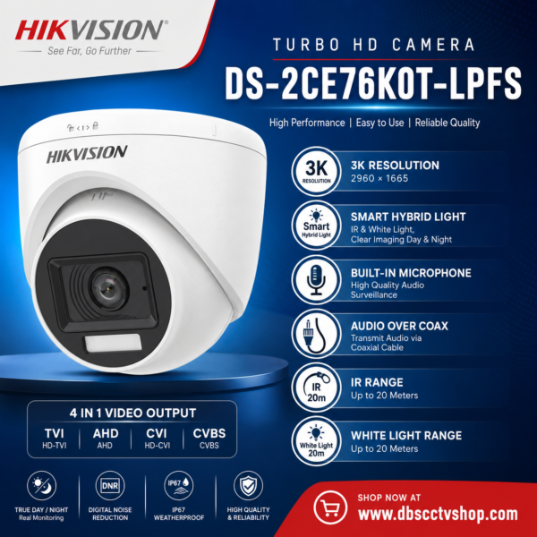 Hikvision DS-2CE76K0T-LPFS 3K Smart Hybrid Light Audio Turret Camera | Built-in Mic | Indoor CCTV Camera