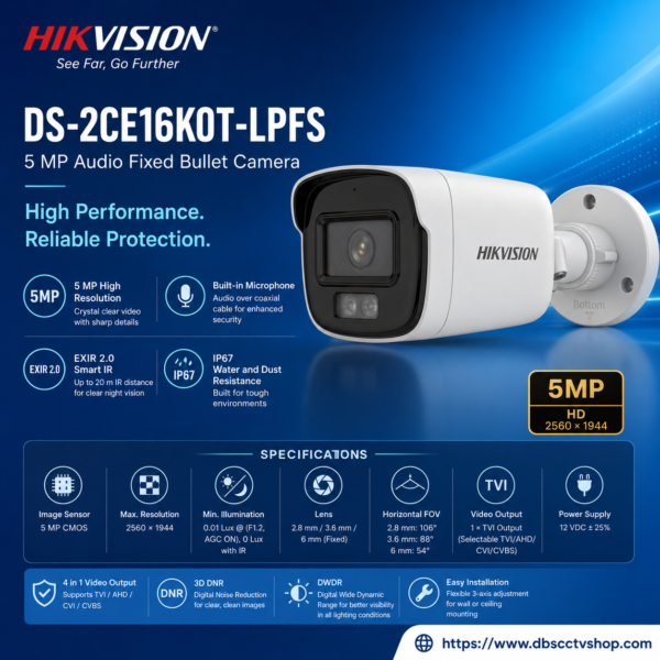 Hikvision DS-2CE16K0T-LPFS 3K Smart Hybrid Light Audio Bullet Camera | Built-in Mic | IP67