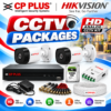 CP Plus and Hikvision CCTV camera packages with HD cameras, DVR, hard disk and installation accessories